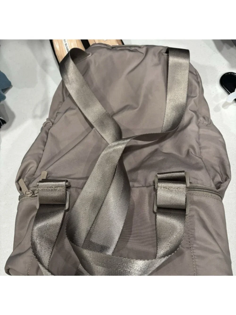 Beyond Yoga tan Medium Drawstring Gym Backpack w/ Zipper Pocket, Logo Strap